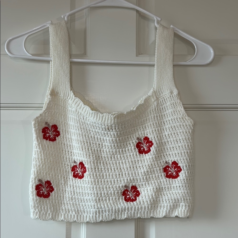 Wild Fable White Crochet Crop Top with Red Floral Design
